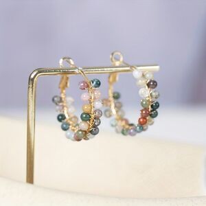 18K Gold Plated Boho Style Hoop Earrings 18K Colorful Natural Stone Hoops Gift